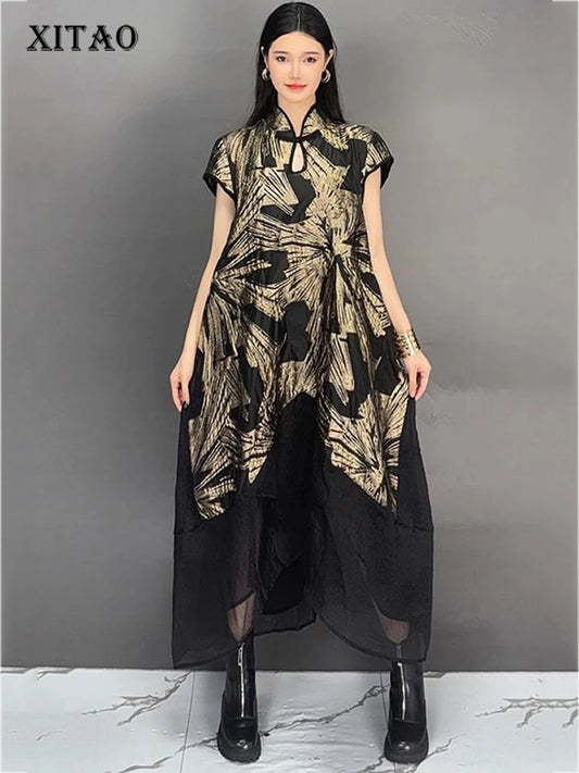 XITAO Patchwork Print Mesh Short Sleeve Dress Casual Loose Slimming Simple Leisure New Arrival Spring Women Dress GYX1580