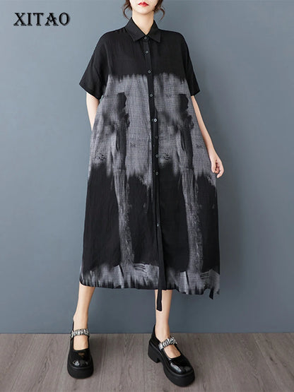 XITAO Print Patchwork Pocket Short Sleeve Dress Turn-down Collar Single Breasted Casual Mid-calf Loose Shirt Dress HQQ2465