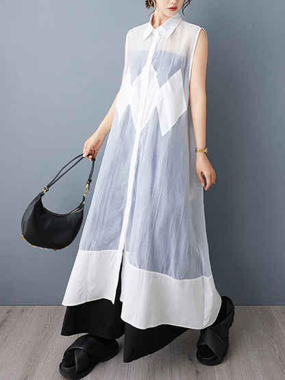 XITAO Rhombus Gauze Patchwork Sleeveless Dress Solid Color Turn-down Collar Single Breasted Loose Perspective Dress ZY8941