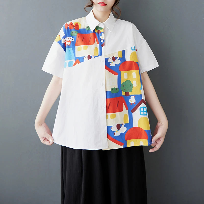 XITAO Patchwork Cartoon Half Sleeve Shirt Casual Turn-down Collar Simple Single Breasted Elegant Summer Female Blouse GYX1533