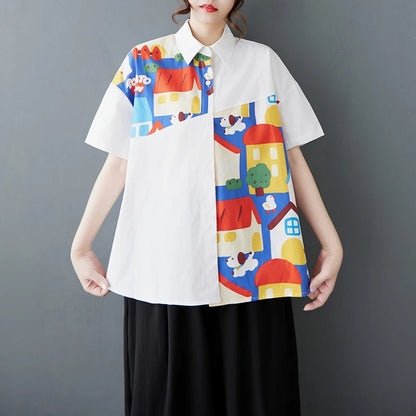 XITAO Patchwork Cartoon Half Sleeve Shirt Casual Turn-down Collar Simple Single Breasted Elegant Summer Female Blouse GYX1533