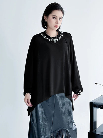 XITAO Asymmetrical Embroidered Flares T-Shirts Solid Color Long Sleeve Patchwork O-neck Pullover Loose Temperament Top ZMY1159