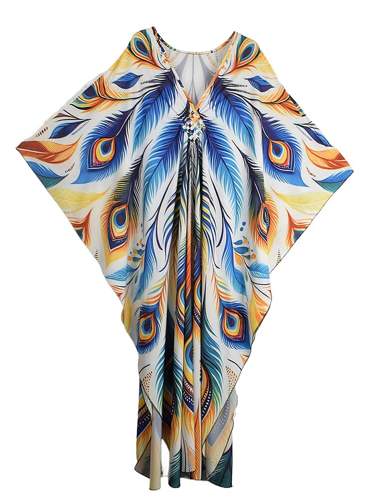 XITAO Bohemian Print V-neck Women Dress Casual Summer Pullover A-line Personality Cartoon Female Bat Sleeve Loose Dress GJ1210