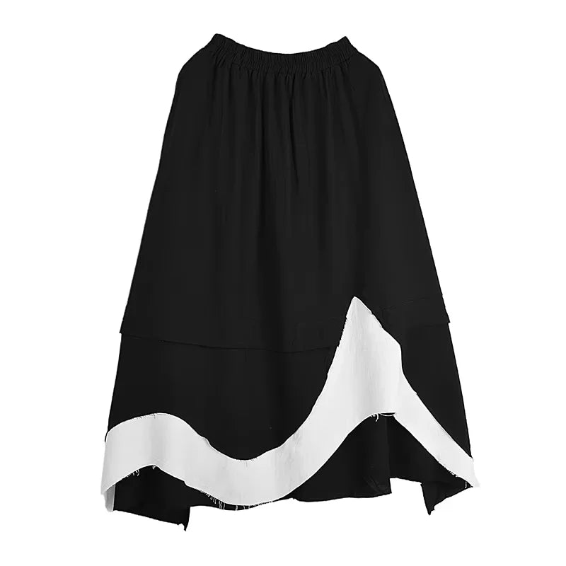 XITAO Contrast Color Asymmetrical Pocket Skirt Elastic Waist Patchwork A-line Loose Mid-calf Slimming Personality Skirt HQQ2444