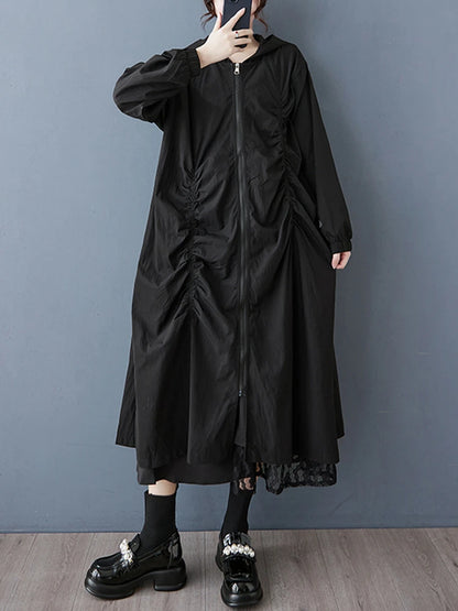 XITAO Zipper Hooded Pleated Dress Casual Full Sleeve Leisure Korea Literary Style Solid Color A-line Spring Women Dress ZY8936
