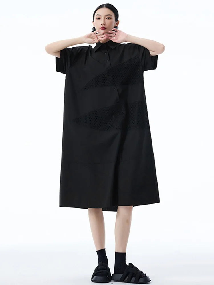 XITAO A-line Short Sleeve Loose Dress Slimming Temperament Patchwork Turn-down Collar Fashion Vintage Summer Woman Dress HQQ2511