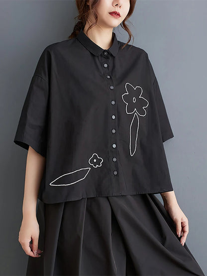 XITAO Embroidery Floral Single Breasted Women Shirt Solid Color Turn-down Collar Short Sleeve Shirt 2024 Summer Vintage HQQ2387