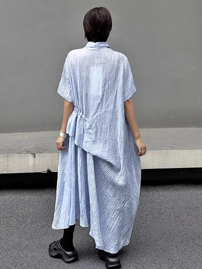 XITAO Irregular Striped Drawstring Dress Turn-down Collar Loose Casual Short Sleeve Personality Summer Woman Dress HQQ2490