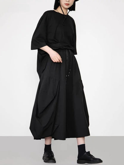 XITAO Solid Color Pleated Elastic Waist Pants Pocket Patchwork All Match Slimming Casual Fashion Loose Ankle-length Pants ZY8944