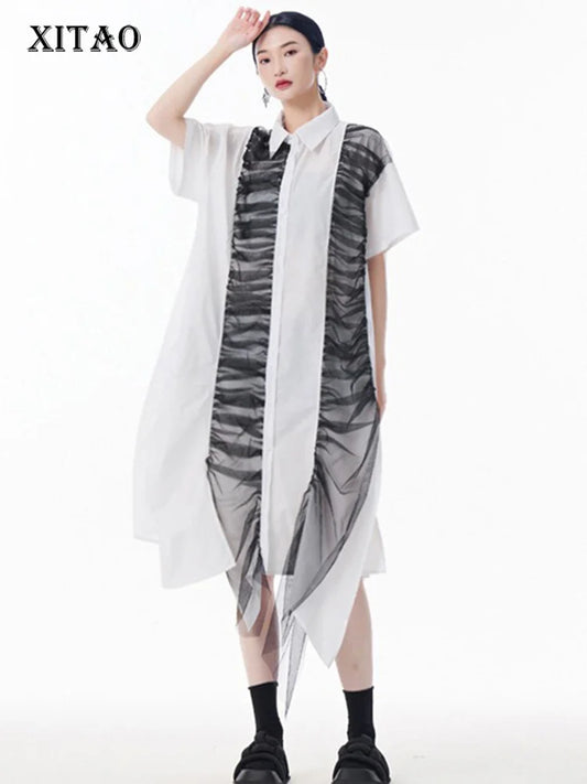 XITAO Pleated Single Breasted Turn-down Collar Dress Mesh Short Sleeve Asymmetrical Fashion A-line Summer Women Dress ZMY1201
