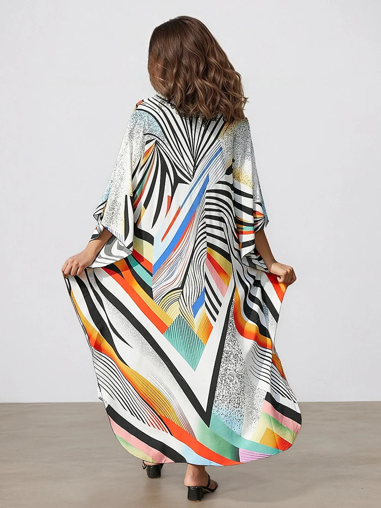 XITAO Batwing Sleeve Print Striped Dress Ankle-length Pullover V-neck Side Slit Slimming Summer Woman Loose Fashion Dress GJ1185