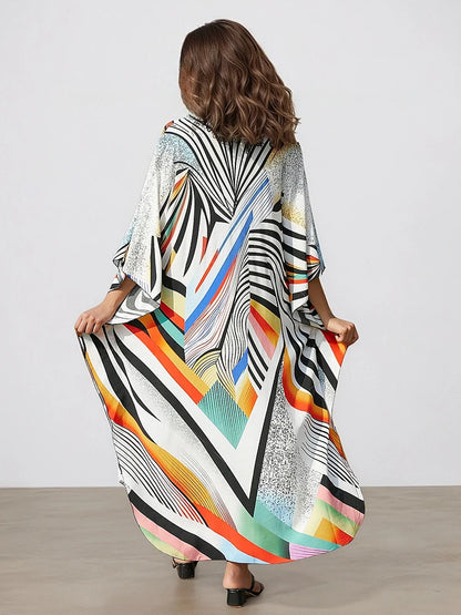 XITAO Batwing Sleeve Print Striped Dress Ankle-length Pullover V-neck Side Slit Slimming Summer Woman Loose Fashion Dress GJ1185