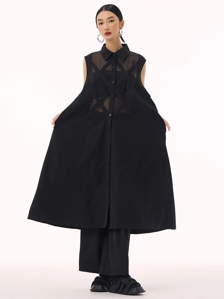 XITAO Vintage Patchwork Loose Dress Personality Sleeveless Single Breasted Women Casual Fashion Simple Shirt Dress GMM1303