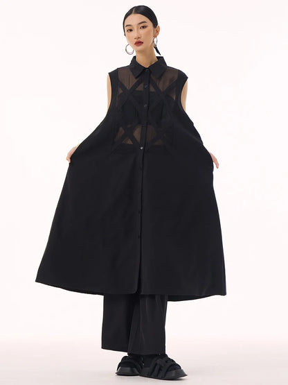XITAO Vintage Patchwork Loose Dress Personality Sleeveless Single Breasted Women Casual Fashion Simple Shirt Dress GMM1303