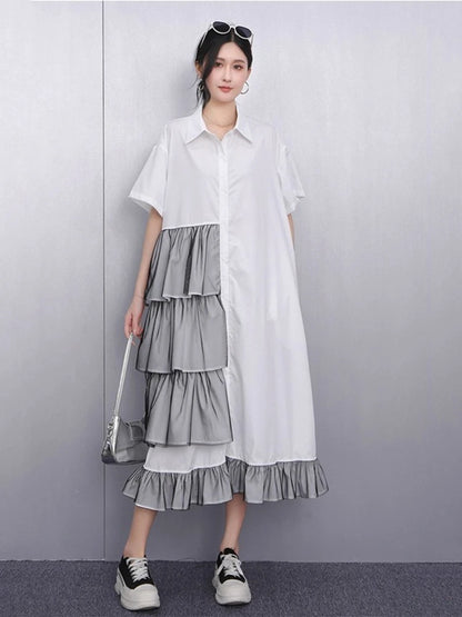 XITAO Patchwork Mesh Turn-down Collar Dress Single Breasted Pleated Short Sleeve Solid Color Fashion Summer Women Dress ZMY1200