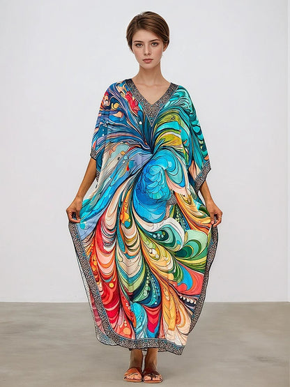 XITAO Bat Wing Sleeve V-neck Vintage Dress Side Slit Print Pullover Loose Temperament Summer Woman Ankle-length Dress GJ1195