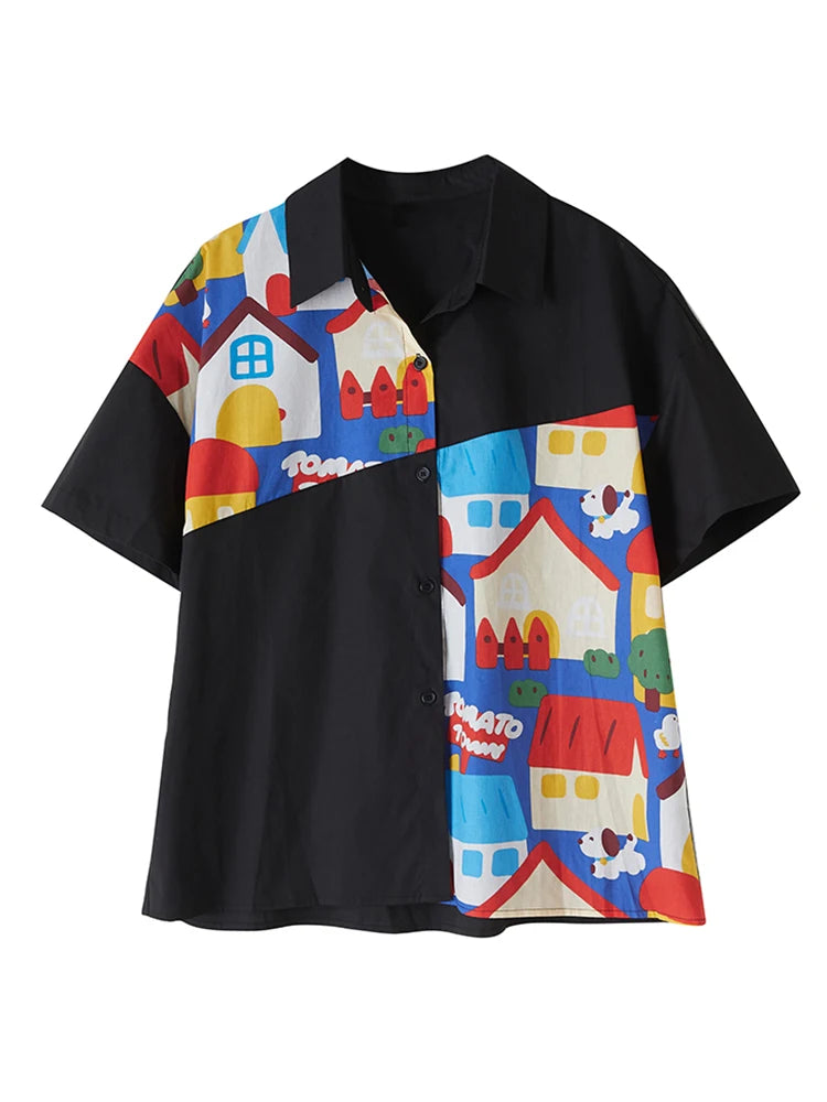 XITAO Patchwork Cartoon Half Sleeve Shirt Casual Turn-down Collar Simple Single Breasted Elegant Summer Female Blouse GYX1533