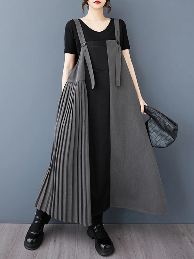XITAO Pleated Patchwork Button Dress Sleeveless A-line Hong Kong All Match New Arrival Elegant Spring Women Dress ZMY1174