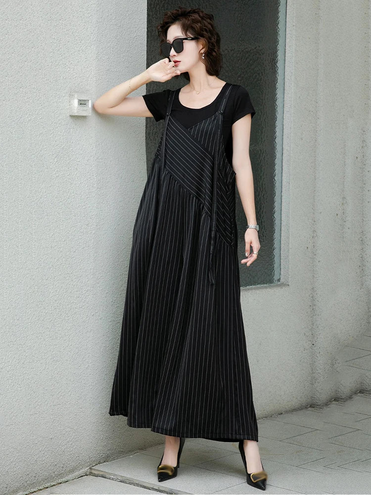 XITAO Loose Striped Jumpsuits All-match Temperament Slimming Women Irregular Patchwork Sleeveless V-neck Jumpsuits HQQ2499