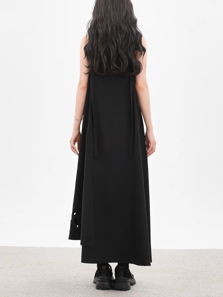 XITAO Hollow Out Solid Color Dress Loose Vintage Casual Sleeveless Asymmetrical Simple Patchwork Summer Woman Dress ZMY1401