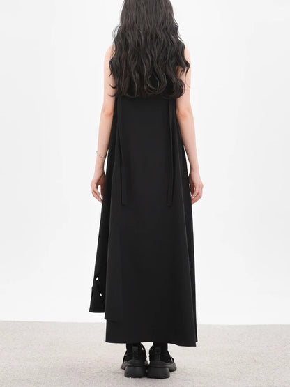XITAO Hollow Out Solid Color Dress Loose Vintage Casual Sleeveless Asymmetrical Simple Patchwork Summer Woman Dress ZMY1401