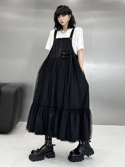 XITAO Gauze Solid Color Straps Dress Patchwork Bandage Loose Casual Slimming Temperament All-match Summer Woman Dress  HQQ2494