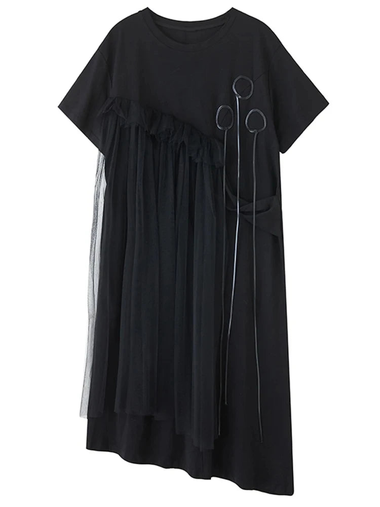 XITAO Irregular Solid Color Loose Dress O-neck Short Sleeve Gauze Patchwork Short Sleeve Elegant Summer Woman Dress ZMY1376