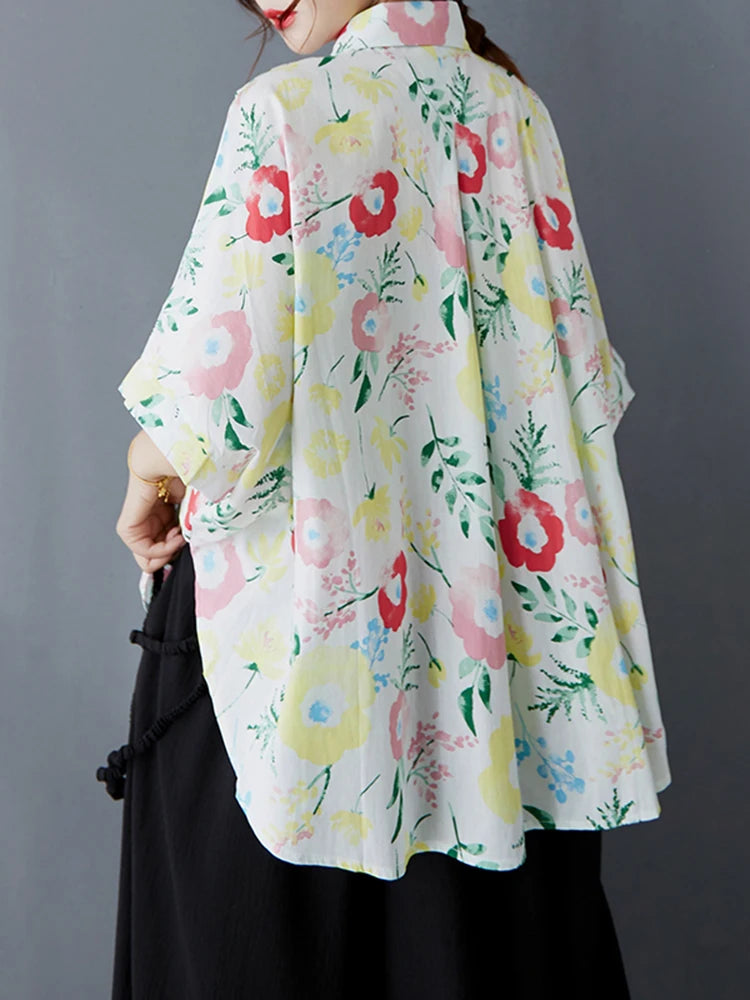 XITAO Pint Flower Single Breasted Lapel Shirt Casual Loose Fitting Batwing Sleeve Turn-down Collar Summer Women Blouse GYX1557