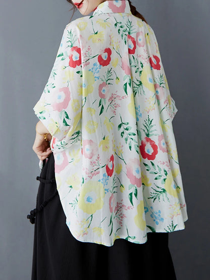 XITAO Pint Flower Single Breasted Lapel Shirt Casual Loose Fitting Batwing Sleeve Turn-down Collar Summer Women Blouse GYX1557