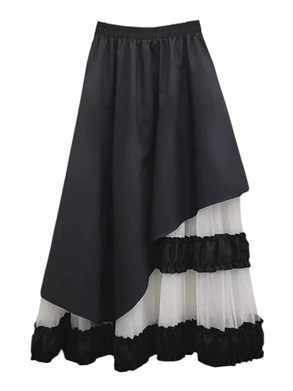 XITAO Gauze Patchwork Contrast Color Asymmetrical Skirt Elastic Waist Loose Casual Temperament A-line Slimming Skirt ZMY1352