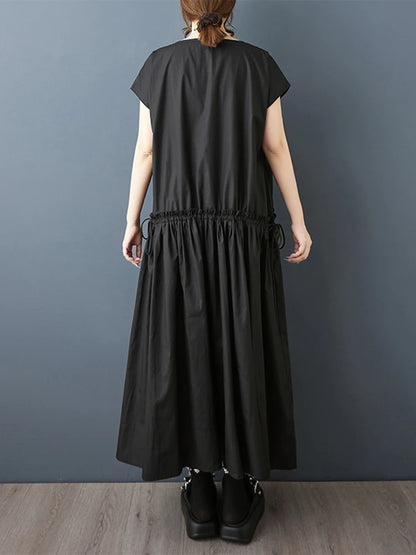 XITAO Pleated Drawstring Loose Dress Edible Tree Fungus Solid Color O-neck Casual Slimming All-match Summer Woman Dress ZMY1310