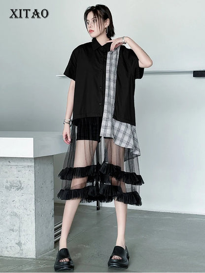 XITAO Mesh Patchwork Shirt Dress Casual Short Sleeve Single Breasted Women Summer All-match Irregular Loose Dress ZMY1396