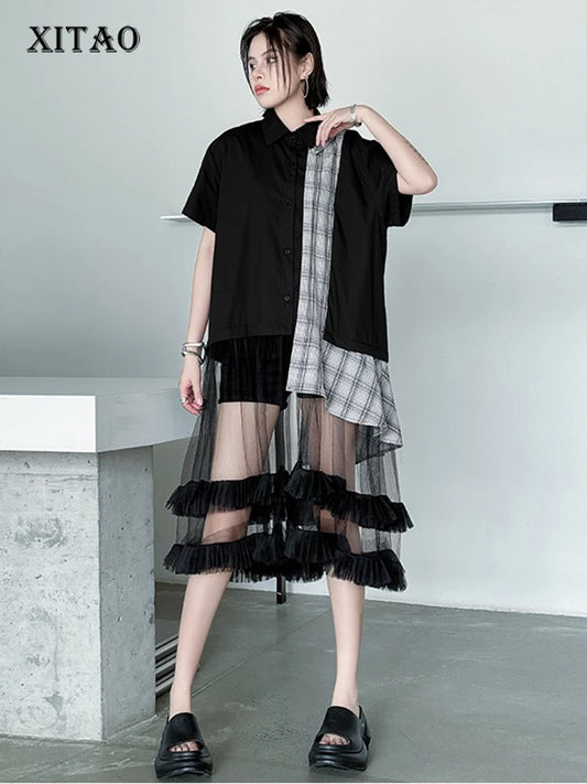 XITAO Mesh Patchwork Shirt Dress Casual Short Sleeve Single Breasted Women Summer All-match Irregular Loose Dress ZMY1396