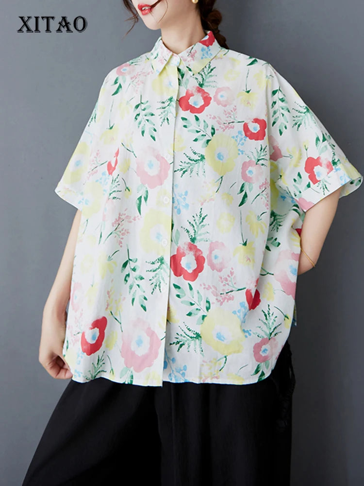 XITAO Pint Flower Single Breasted Lapel Shirt Casual Loose Fitting Batwing Sleeve Turn-down Collar Summer Women Blouse GYX1557