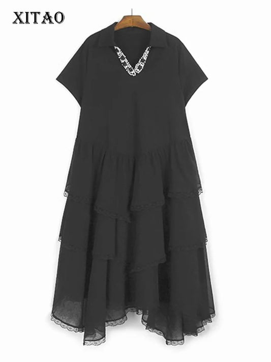 XITAO Irregular Embroidered Flares Dress Short Sleeve Lace Patchwork Women Summer Solid Color A-line Temperament Dress ZMY1341