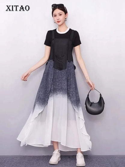 XITAO Patchwork Pocket Sleeveless Dress Loose Casual Gradient Slimming Personality Square Collar Summer Woman Dress ZMY1348