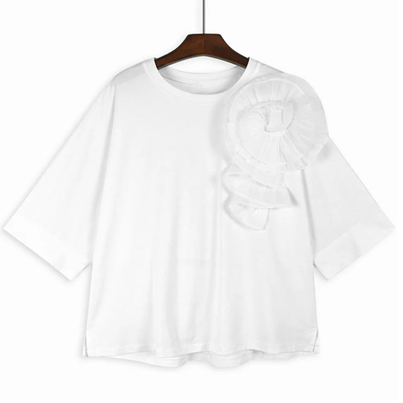 XITAO Three-dimensional Decoration Floral T-shirt O-neck Half Sleeve Solid Color Personality Casual Loose T-shirt Top LYD1892