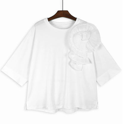 XITAO Three-dimensional Decoration Floral T-shirt O-neck Half Sleeve Solid Color Personality Casual Loose T-shirt Top LYD1892