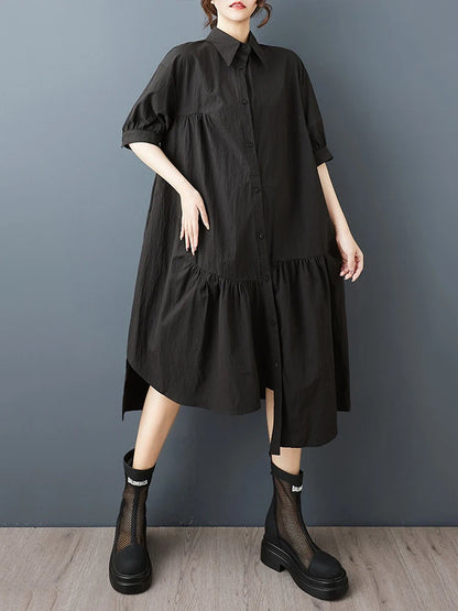 XITAO Asymmetrical Solid Color Female Dress Loose Turn-down Collar Short Half Sleeve A-line Single Breasted Woman Dress ZMY1264