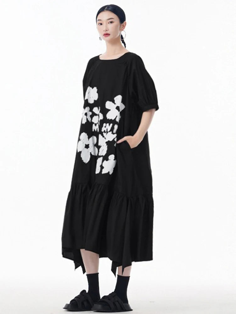 XITAO Ruffles Flower A-line Dress Puff Sleeve Casual Loose Fitting Vintage New Chinese Style Slimming Summer Women Dress ZY8933