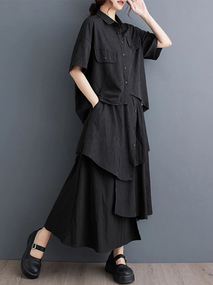 XITAO Irregular Pocket Button Single Breasted Matching Set Casual Loose Fitting Elastic Waist Turn-down Collar Women Set GYX1629