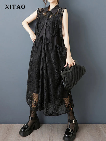 XITAO Patchwork Pocket Hollow Out Mesh Dress Casual Loose Fitting A-line Sleeveless Sweet New Arrival Summer Women Dress GYX1648