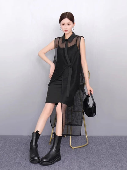 XITAO Asymmetrical Mesh Sleeveless Loose Dress Hollow Out Temperament Solid Color Elegant Casual Summer Woman Dress ZMY1276