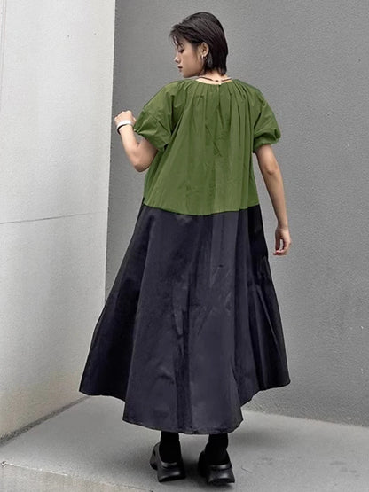 XITAO Patchwork Contrast Color Dress O-neck Loose Casual Short Sleeve Simple Slimming Personality Summer Woman Dress HQQ2491