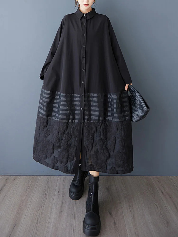 XITAO Striped Patchwork Black Dress Turn-down Collar Single Breasted Full Sleeve Temperament Slimming All-match Dress ZY8947