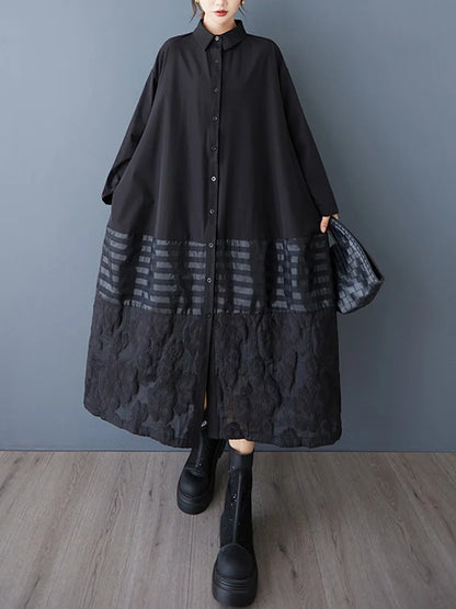 XITAO Striped Patchwork Black Dress Turn-down Collar Single Breasted Full Sleeve Temperament Slimming All-match Dress ZY8947