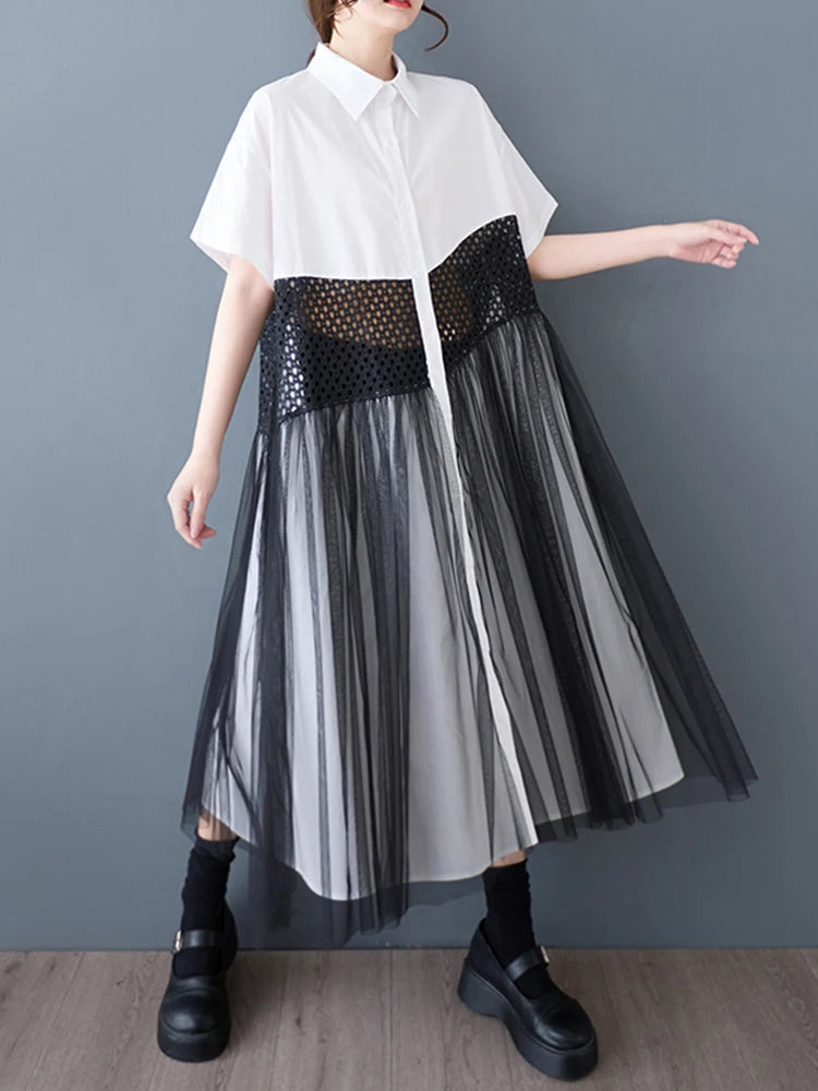 XITAO Patchwork Mesh Single Breasted Dress Casual Solid Color A-line Sweet Short Sleeve Turn-down Collar Female Dress GYX1566