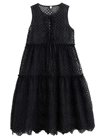 XITAO Lace Drawstring Hollow Out Dress Patchwork Solid Color Loose Sleeveless O-neck Casual Slimming Summer Woman Dress ZMY1312