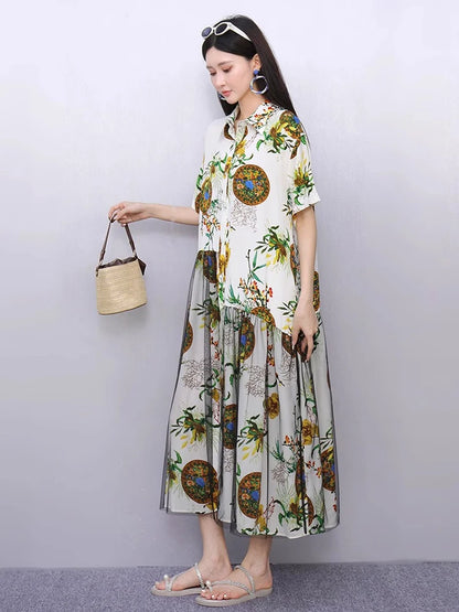 XITAO Gauze Patchwork Print Contrast Color Dress Turn-down Collar Single Breasted Short Sleeve Loose Casual Match Dress ZMY1334