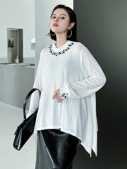 XITAO Asymmetrical Embroidered Flares T-Shirts Solid Color Long Sleeve Patchwork O-neck Pullover Loose Temperament Top ZMY1159
